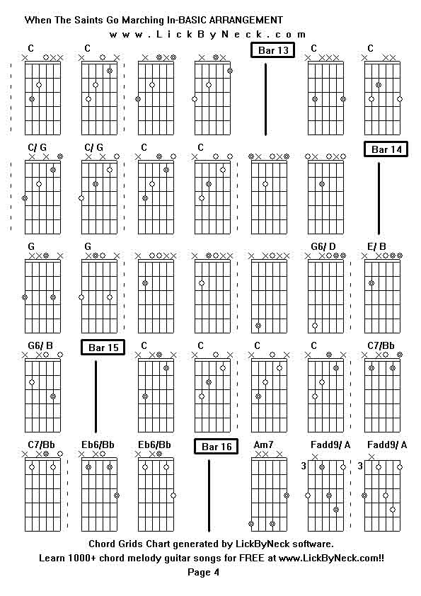 Chord Grids Chart of chord melody fingerstyle guitar song-When The Saints Go Marching In-BASIC ARRANGEMENT,generated by LickByNeck software.